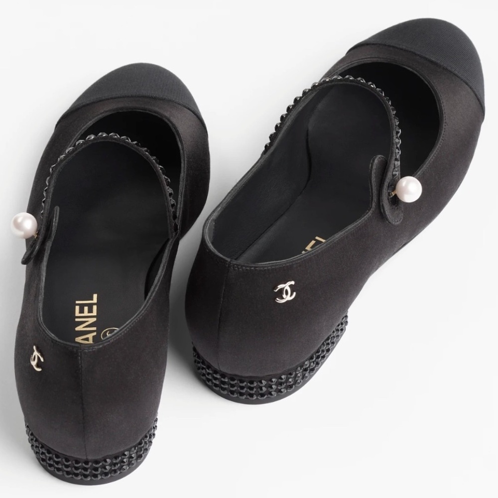 Chanel 24B Black Silk Crystal CC Logo Mary Jane Strap Ballerina Ballet Flat 38.5 - Picture 12 of 15